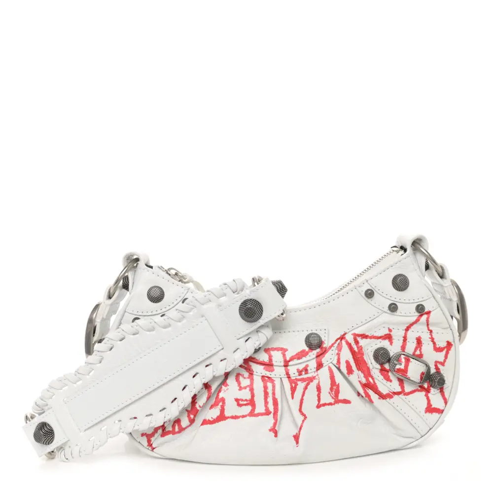 Balenciaga Optic White Agneau Arena Leather XS Lunar New Year Graffiti Logo Le Cagole Shoulder Bag Silver Hardware Front replica handbags