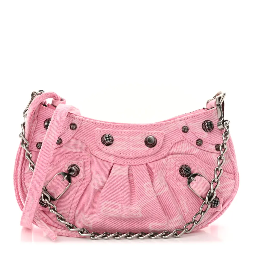 Balenciaga Pink Washed Denim BB Monogram Le Cagole Mini Purse with Chain Silver Hardware Front replica handbags