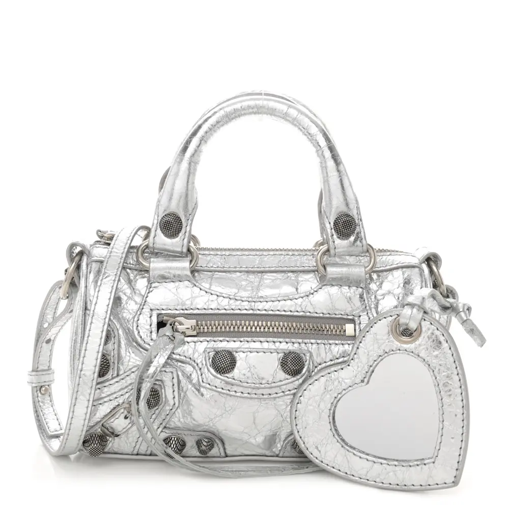 Balenciaga Silver Agneau Arena Leather Crystal Neo Nano Cagole Handbag Silver Hardware Front replica handbags
