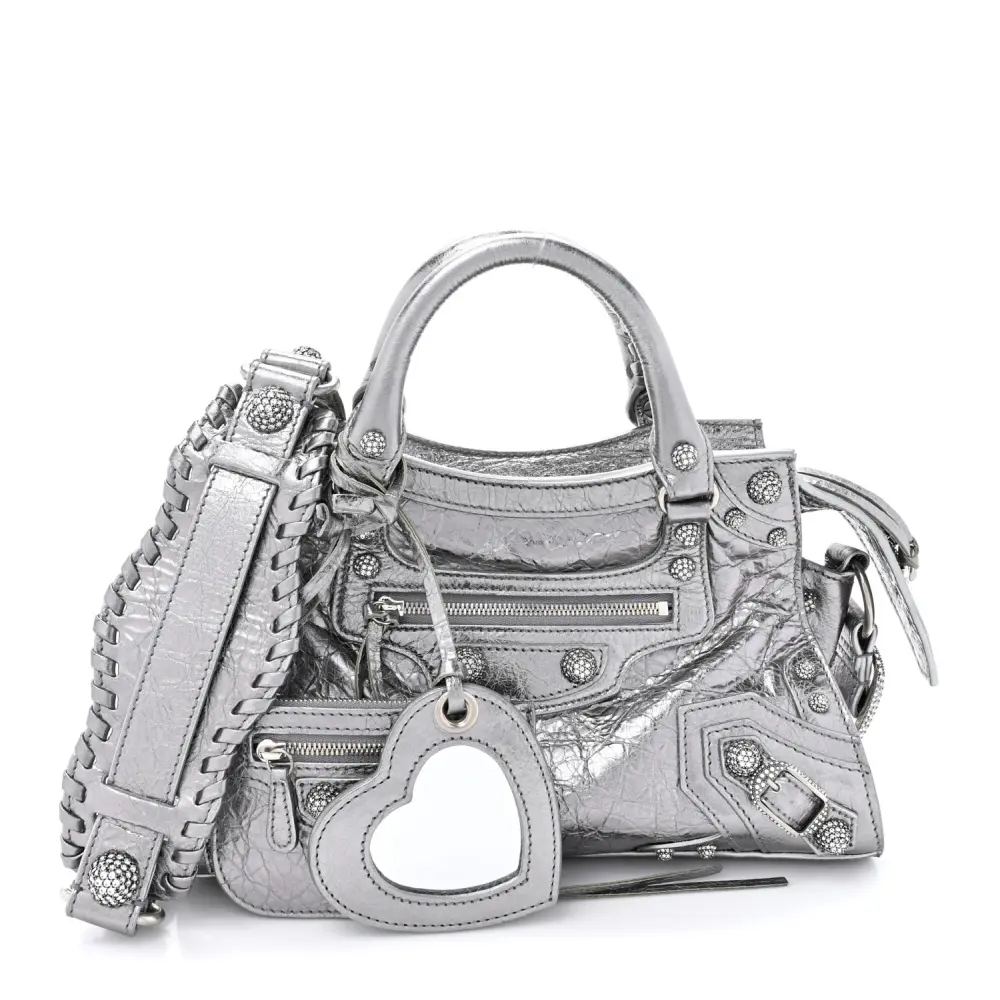 Balenciaga Silver Agneau Arena Leather XS Crystal Neo Cagole Handbag Silver Hardware Front replica handbags