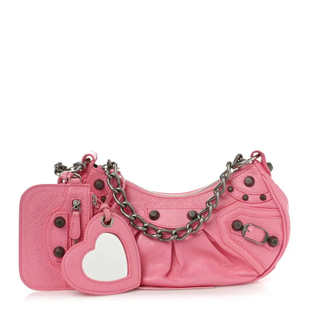 Balenciaga Sweet Pink Agneau Arena Leather Le Cagole Chain Shoulder Bag XS Silver Hardware Front replica handbags