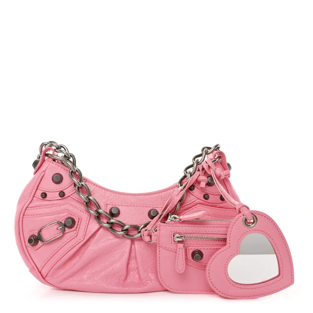 Balenciaga Sweet Pink Agneau Arena Leather Le Cagole Chain Shoulder Bag XS Silver Hardware Front replica handbags