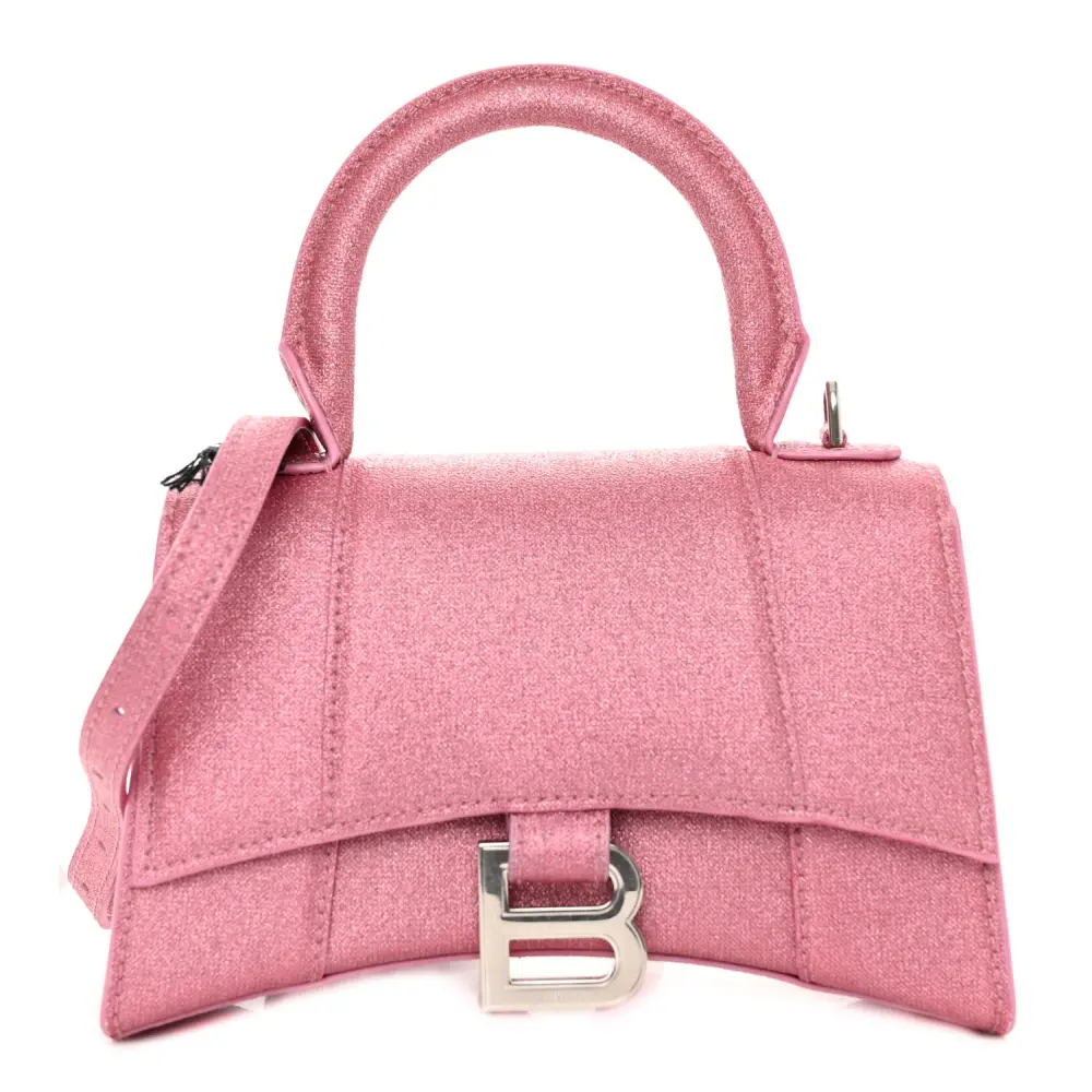 Balenciaga Sweet Pink Glitter Fabric XS Hourglass Top Handle Bag Silver Hardware Front replica handbags