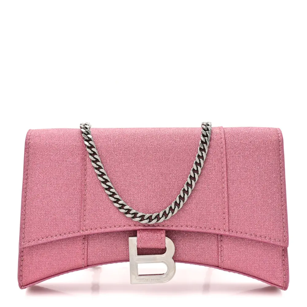 Balenciaga Sweet Pink Sparkling Fabric XS Hourglass Wallet On Chain Silver Hardware Front replica handbags