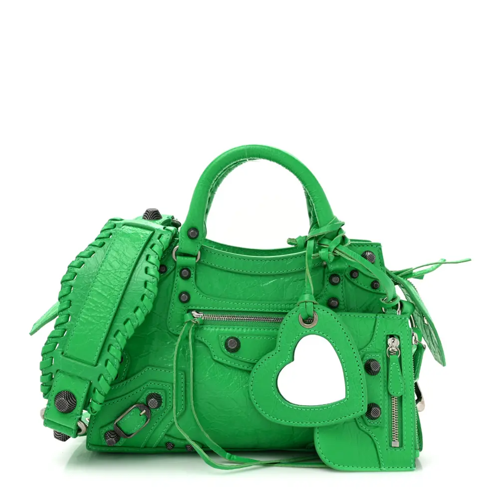 Balenciaga Vivid Green Agneau Arena Leather Small Neo Cagole City Handbag Black Hardware Front replica handbags