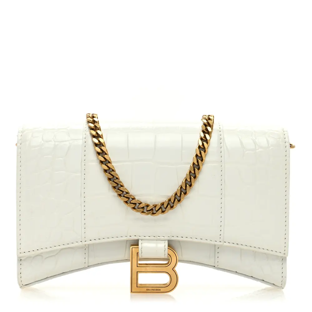 Balenciaga White Crocodile Embossed Shiny Calfskin Leather XS Hourglass Chain Bag Gold Hardware Front replica handbags