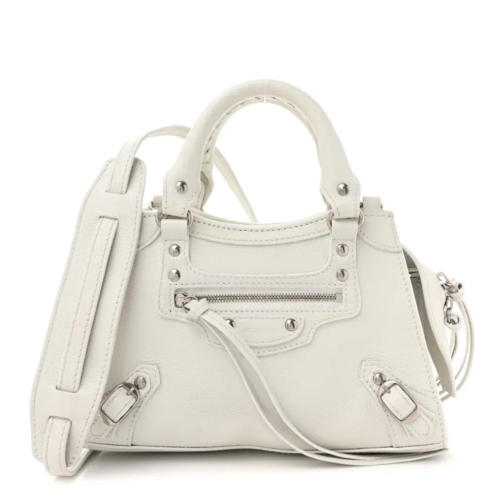Balenciaga White Grained Calfskin Leather Mini Neo Classic City Bag Silver Hardware Front replica handbags