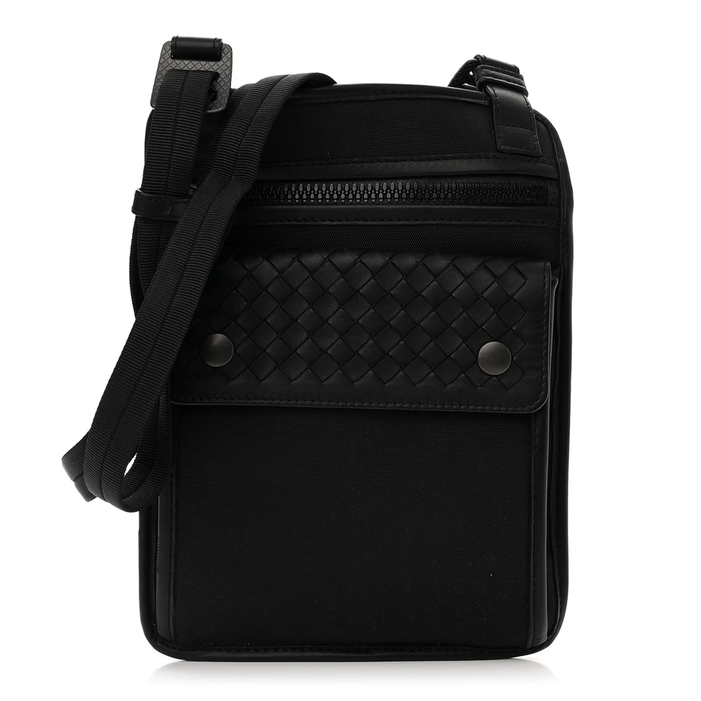 Bottega Veneta Black Nappa Leather Small High Tech Crossbody Pouch Intrecciato Incognito Hardware Front replica handbags