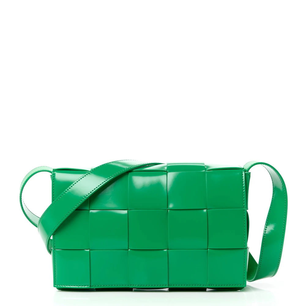 Bottega Veneta Grass Patent Leather Maxi Intrecciato Cassette Crossbody Bag Front replica handbags