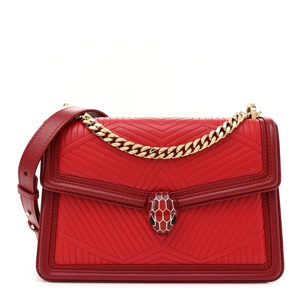 Bvlgari Red Quilted Nappa Smooth Calfskin Leather Medium Serpenti Forever Shoulder Bag Gold Hardware Front Replica handbags