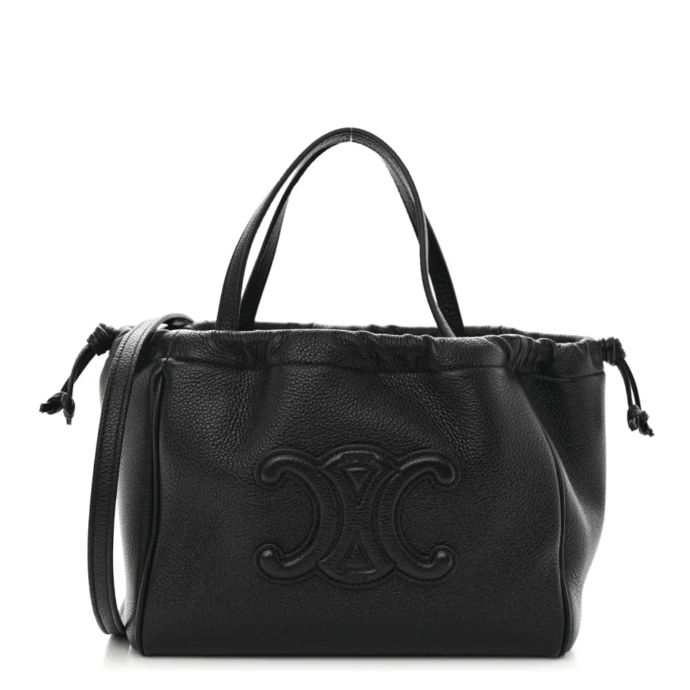 Celine Black Calfskin Leather Cuir Small Triomphe Cabas Drawstring Bag Front Replica handbags
