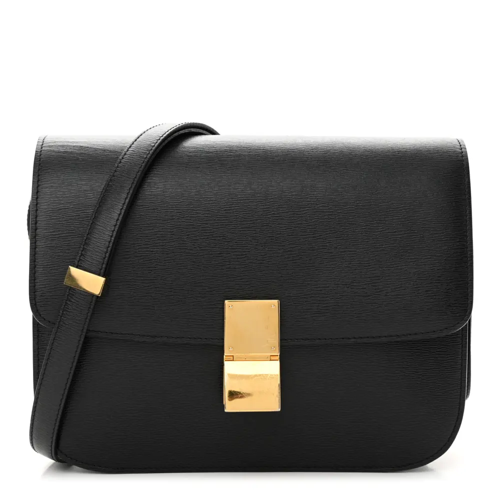 Celine Black Liege Calfskin Leather Medium Classic Box Flap Bag Gold Hardware Front Replica handbags