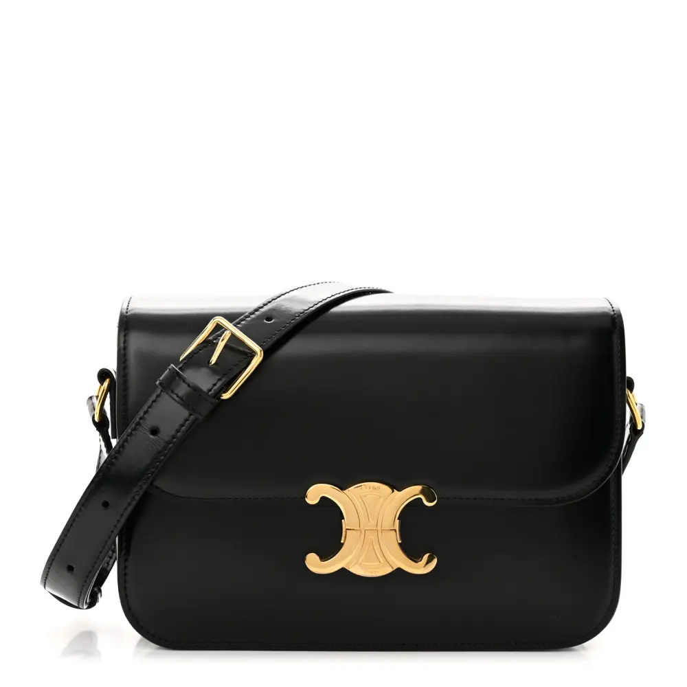 Celine Black Shiny Calfskin Leather Leather Medium Triomphe Gold Hardware Front Replica handbags