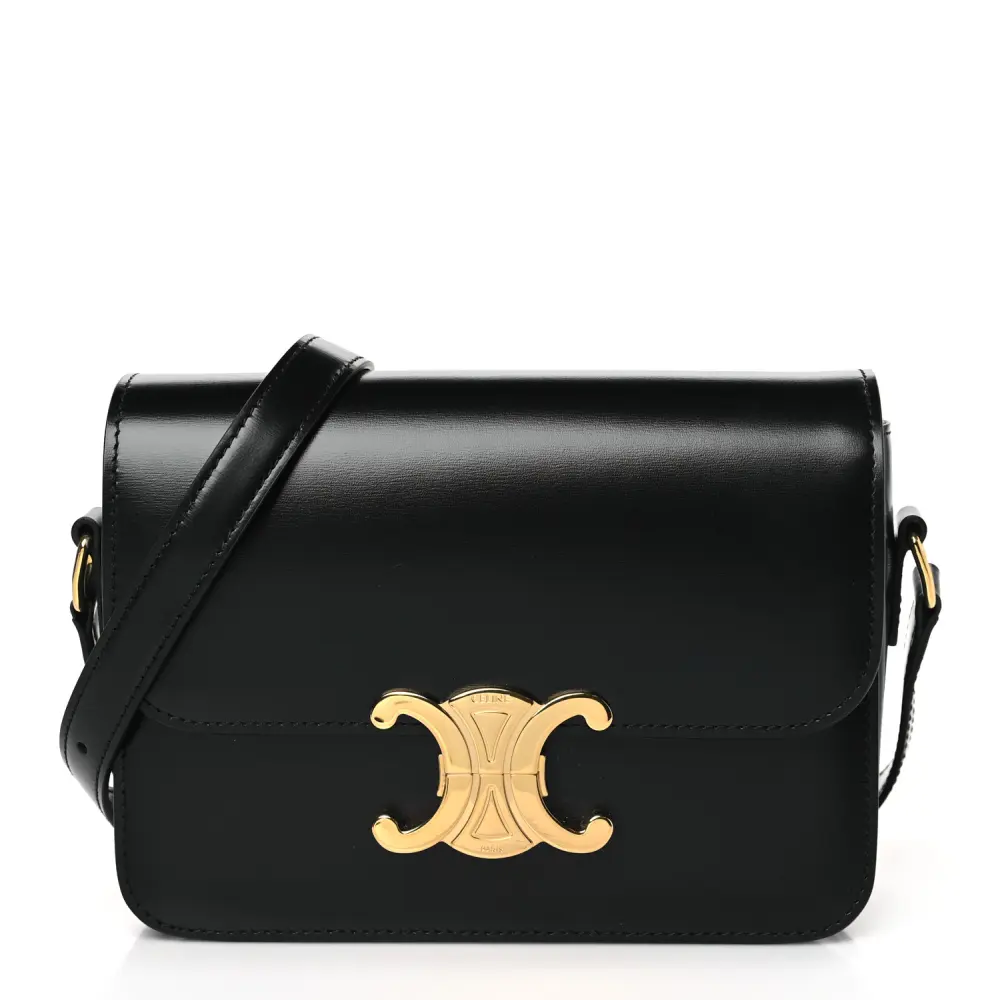 Celine Black Shiny Calfskin Leather Small Teen Triomphe Shoulder Bag Gold Hardware Front replica handbags