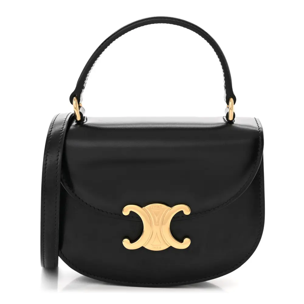 Celine Black Shiny Calfskin Leather Triomphe Mini Besace Clea Gold Hardware Front replica handbags