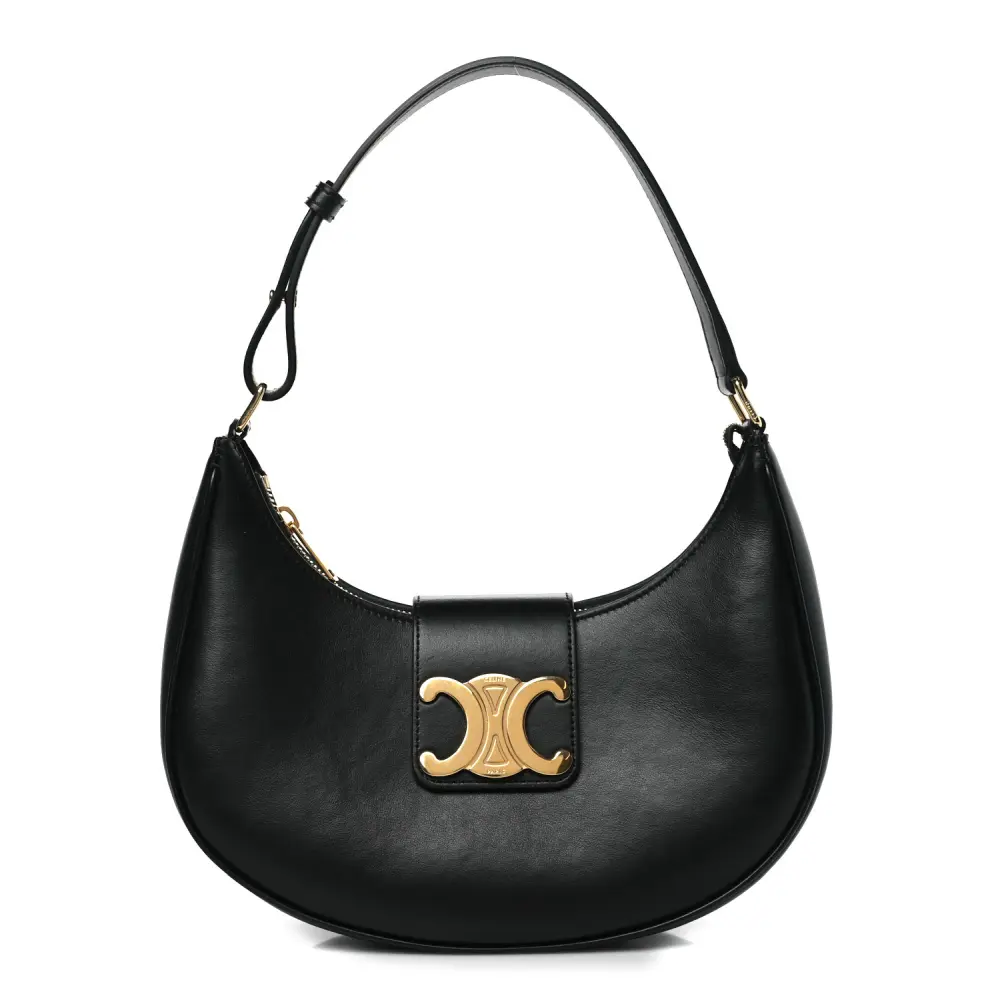 Celine Black Smooth Calfskin Leather Medium Strap Ava Triomphe Shoulder Bag Gold Hardware Front Replica handbags