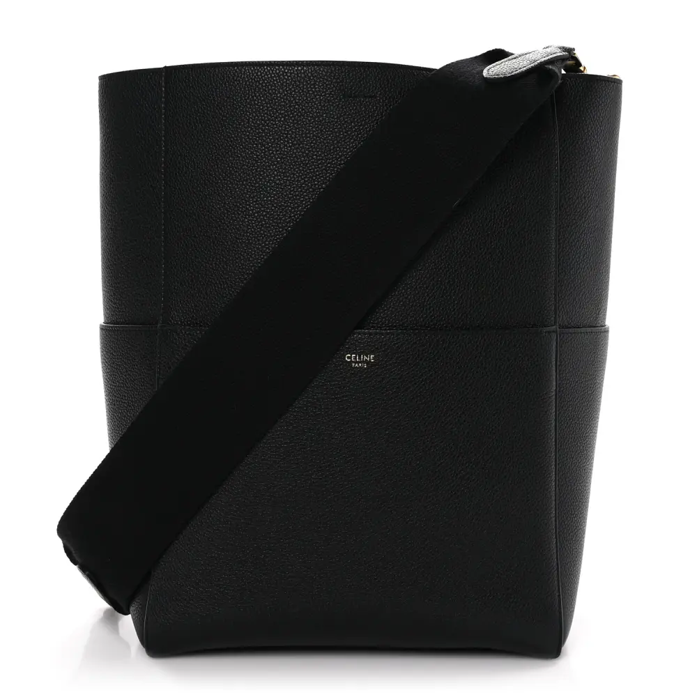 Celine Black Soft Grained Calfskin Leather Medium Sangle Bucket Bag Front Replica handbags