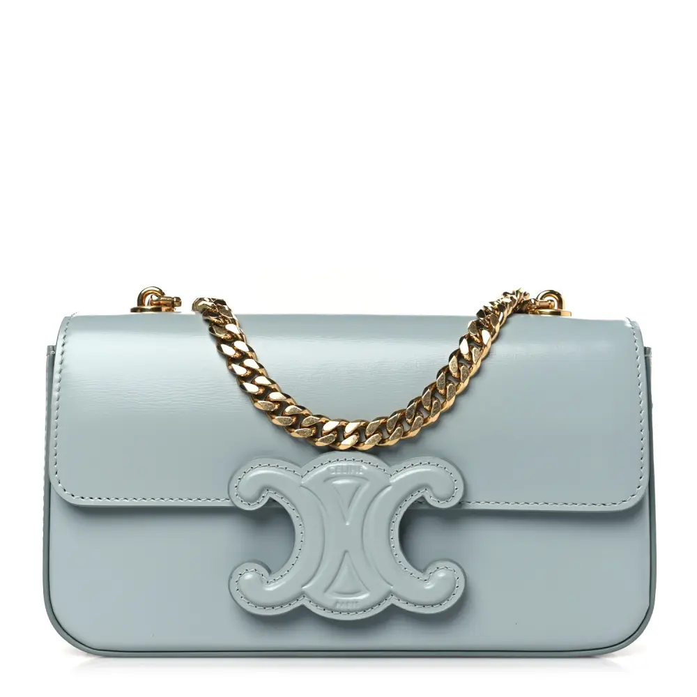 Celine Ice Blue Shiny Calfskin Leather Small Cuir Triomphe Chain Shoulder Bag Front replica handbags