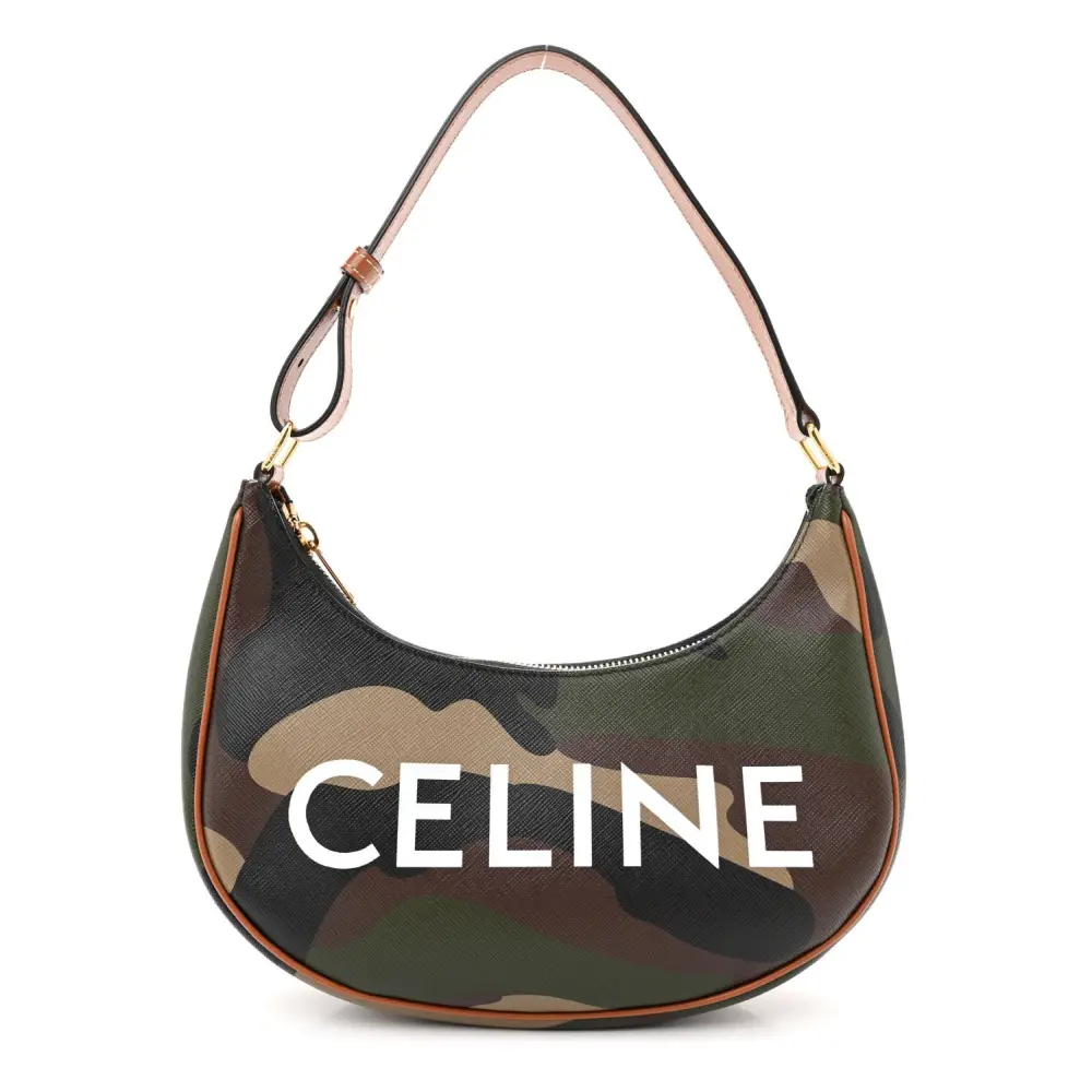 Celine Khaki Camouflage Canvas & Calfskin Leather Medium Ava Logo Triomphe Shoulder Bag Gold Hardware Front Replica handbags