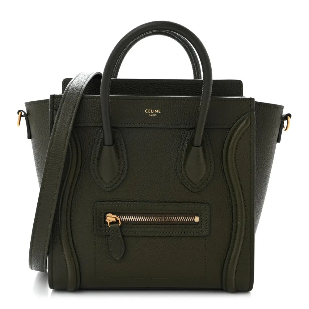 Celine Khaki Drummed Calfskin Leather Nano Luggage Bag Front Replica handbags