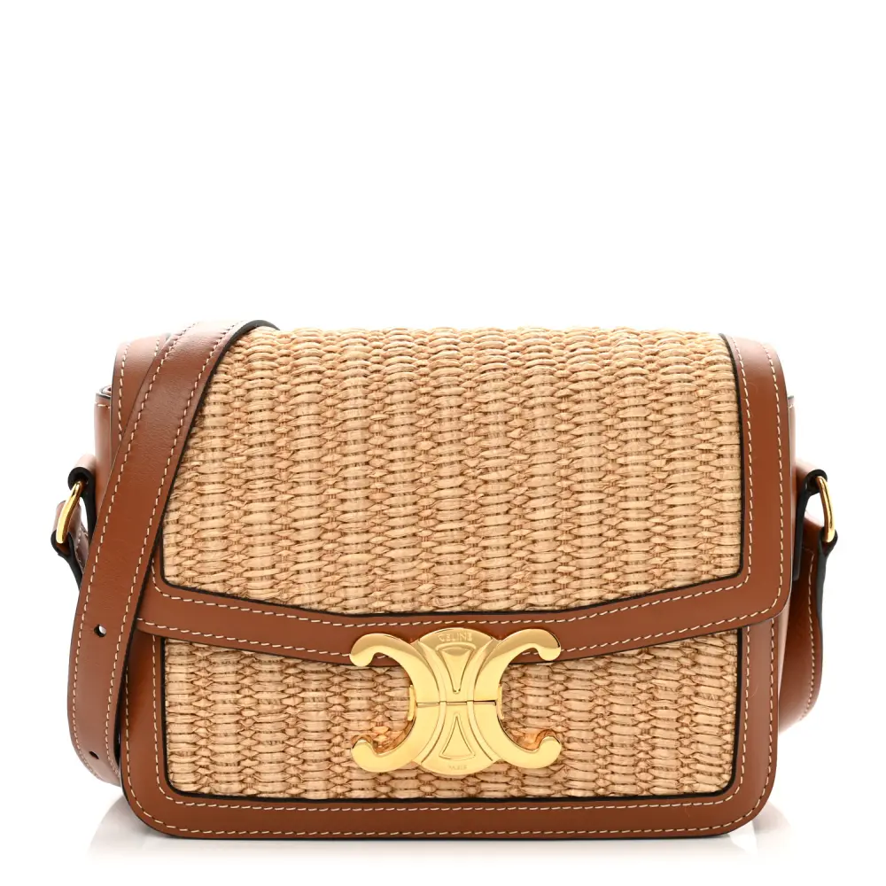 Celine NaturalTan Raffia Calfskin Leather Small Teen Triomphe Bag Gold Hardware Front replica handbags