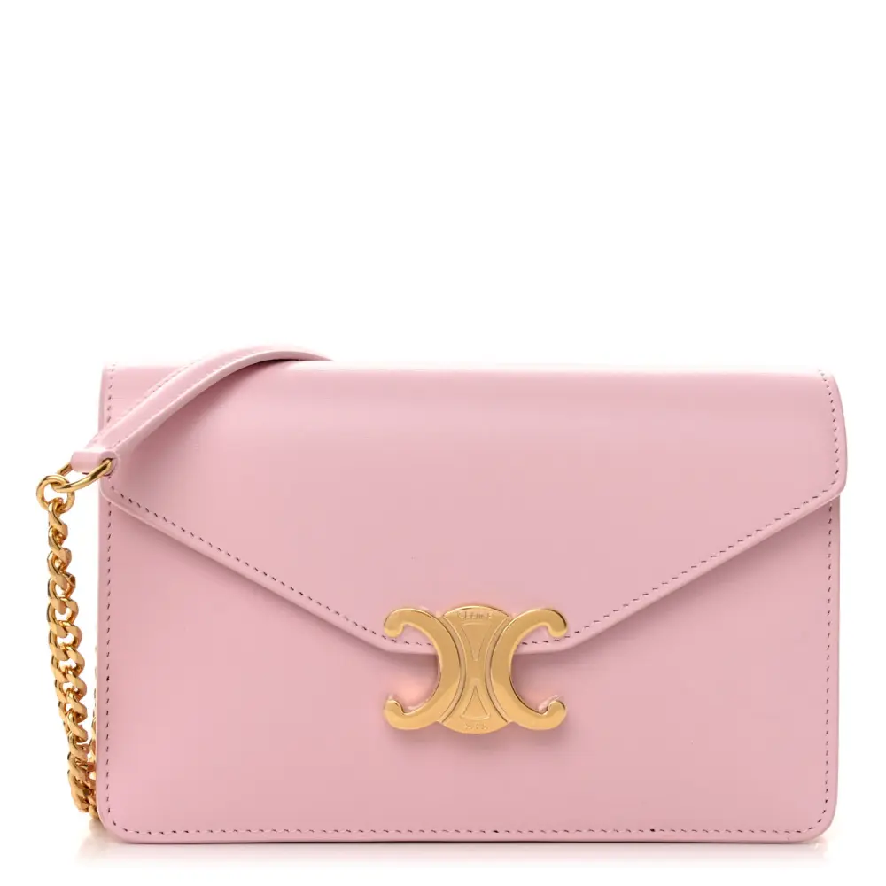 Celine Pastel Pink Shiny Calfskin Leather Triomphe Margo Wallet on Chain Gold Hardware Front Replica handbags
