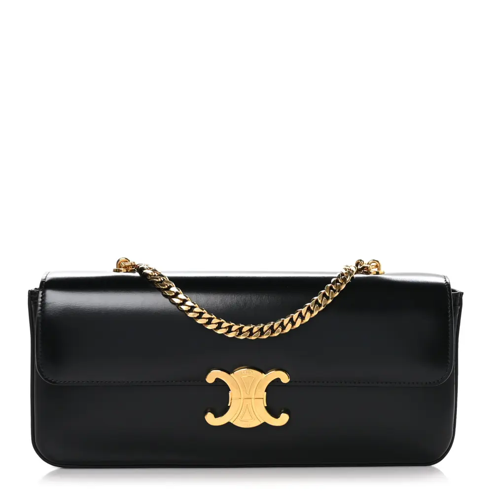Celine Small Black Shiny Calfskin Leather Triomphe Chain Shoulder Bag Gold Hardware Front Replica handbags