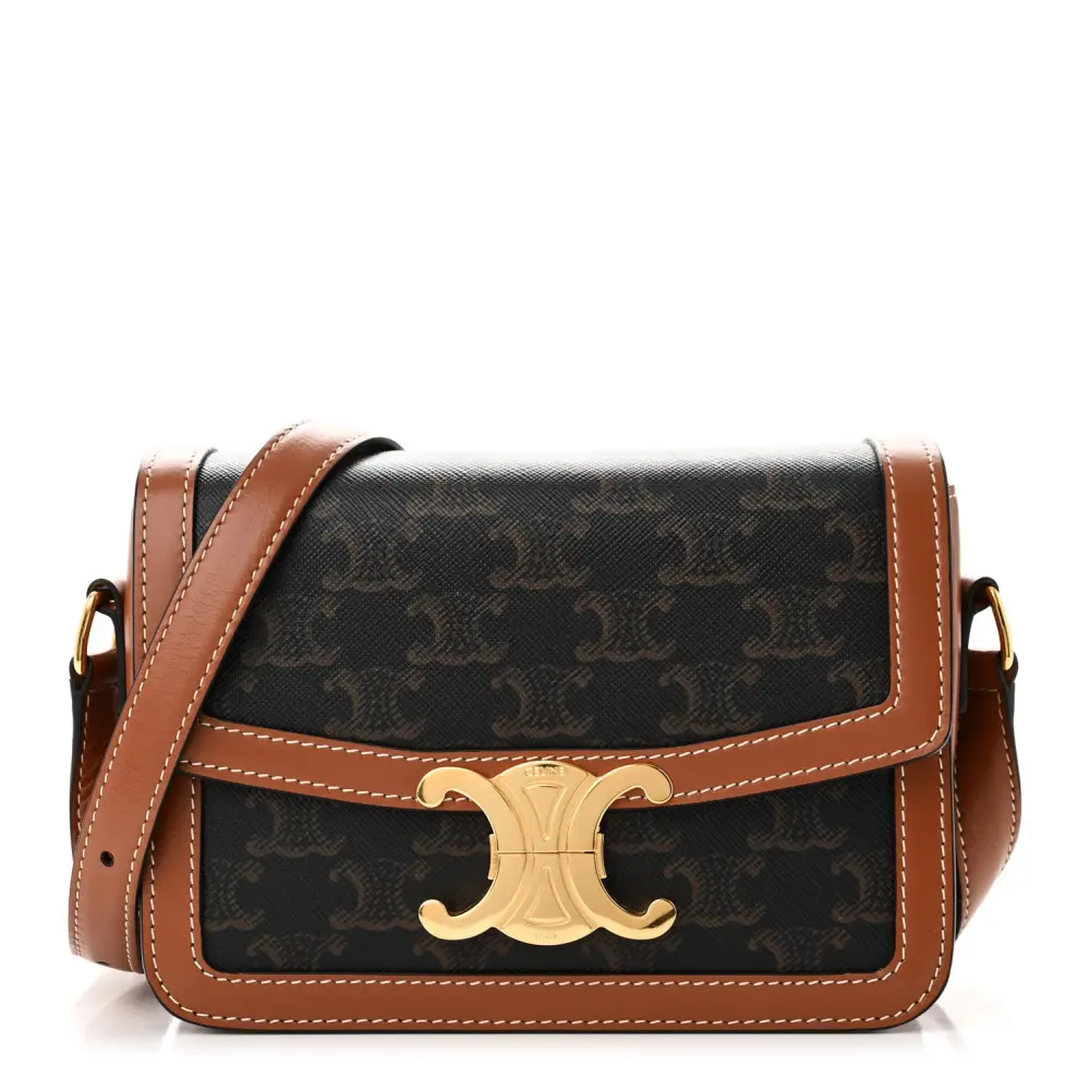 Celine Tan Calfskin Leather & Triomphe Canvas Small Teen Triomphe Bag Gold Hardware Front Replica handbags