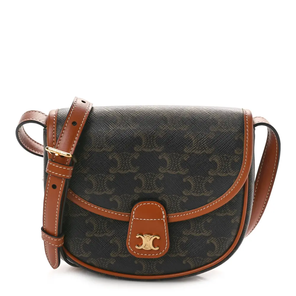 Celine Tan Canvas & Calfskin Leather Leather Triomphe Mini Besace Gold Hardware Front Replica handbags