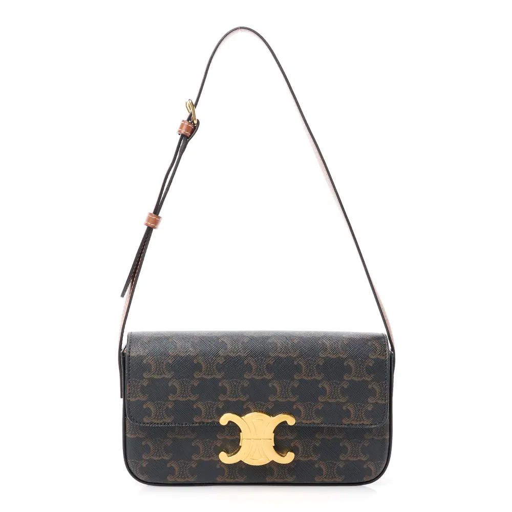 Celine Tan Canvas & Calfskin Leather Medium Triomphe Shoulder Bag Gold Hardware Front Replica handbags