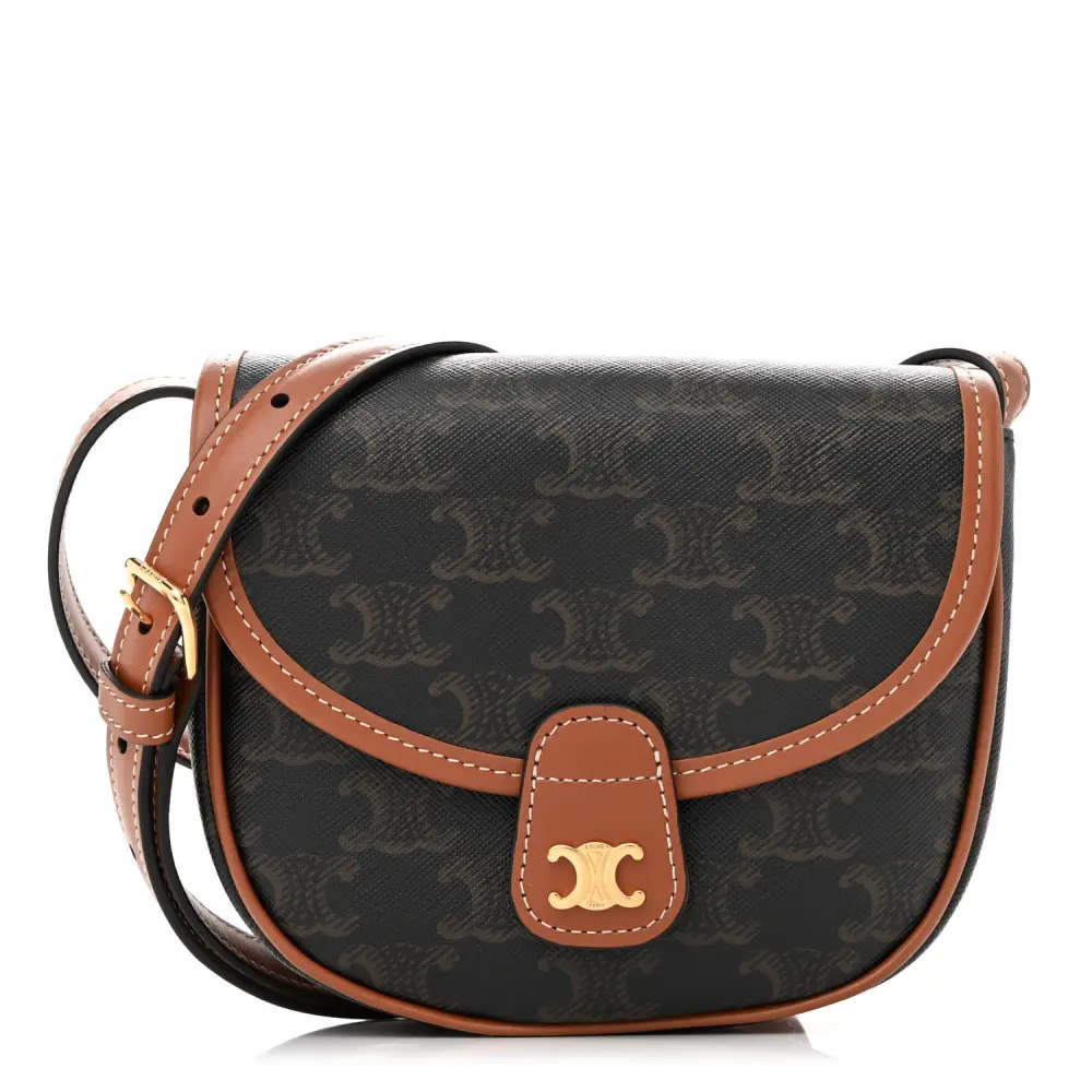 Celine Tan Canvas & Calfskin Leather Triomphe Mini Besace Gold Hardware Front Replica handbags