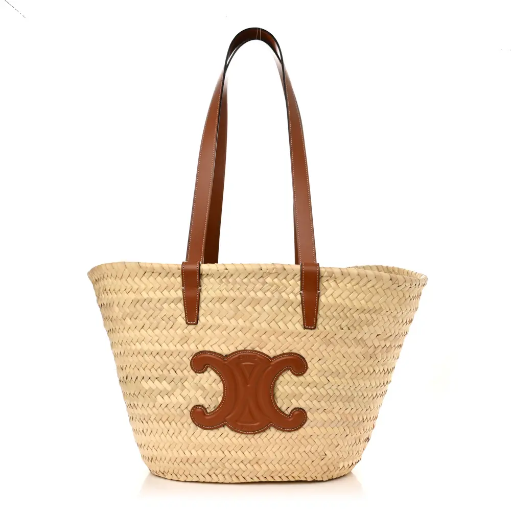 Celine Tan Raffia & Calfskin Leather Leather Triomphe Medium Panier Front Replica handbags