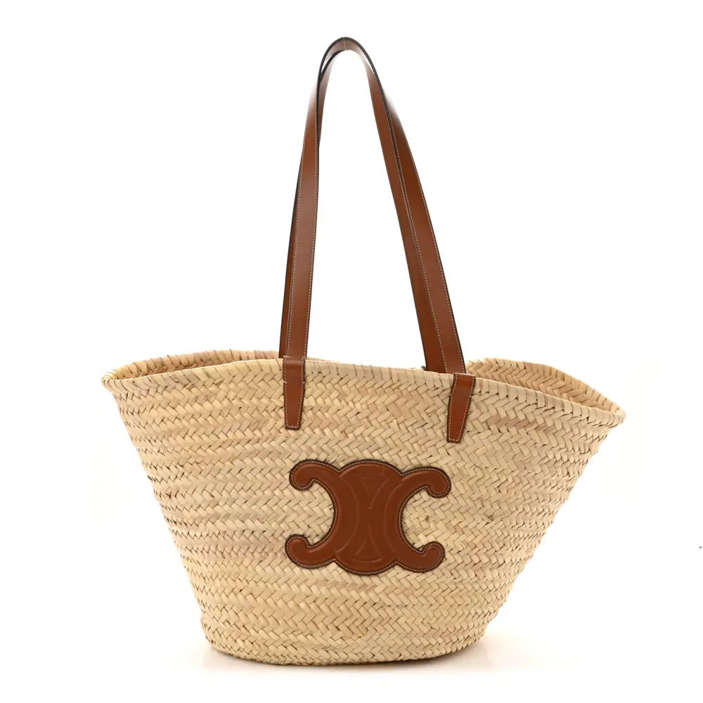 Celine Tan Raffia & Calfskin Leather Triomphe Medium Panier Front Replica handbags
