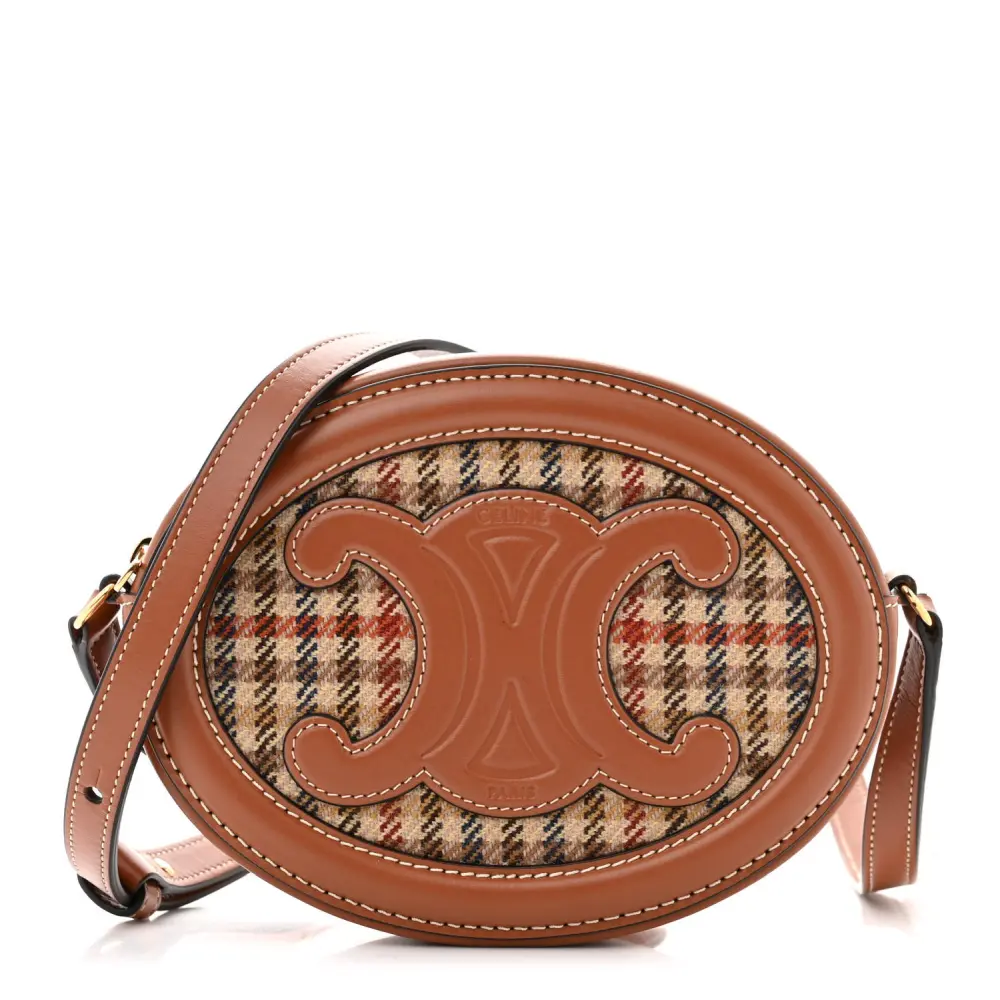 Celine Tan Smooth Calfskin Leather & Houndstooth Cuir Small Triomphe Oval Purse Crossbody Front Replica handbags