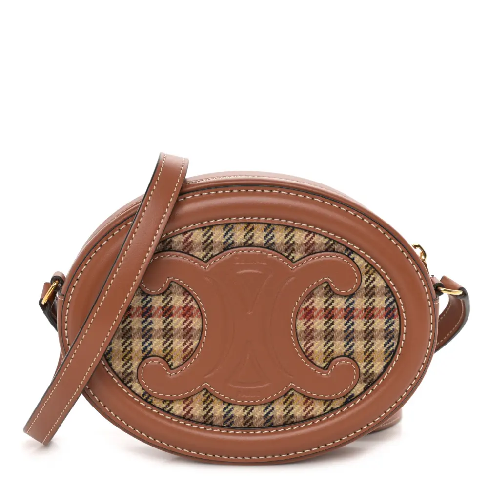 Celine Tan Smooth Calfskin Leather Houndstooth Cuir Small Triomphe Oval Purse Crossbody Gold Hardware Front Replica handbags