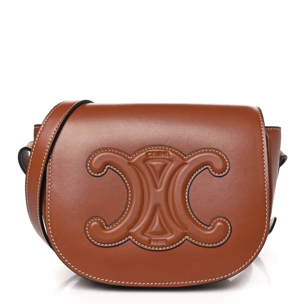Celine Tan Smooth Calfskin Leather Small Cuir Triomphe Folco Crossbody Bag Front Replica handbags