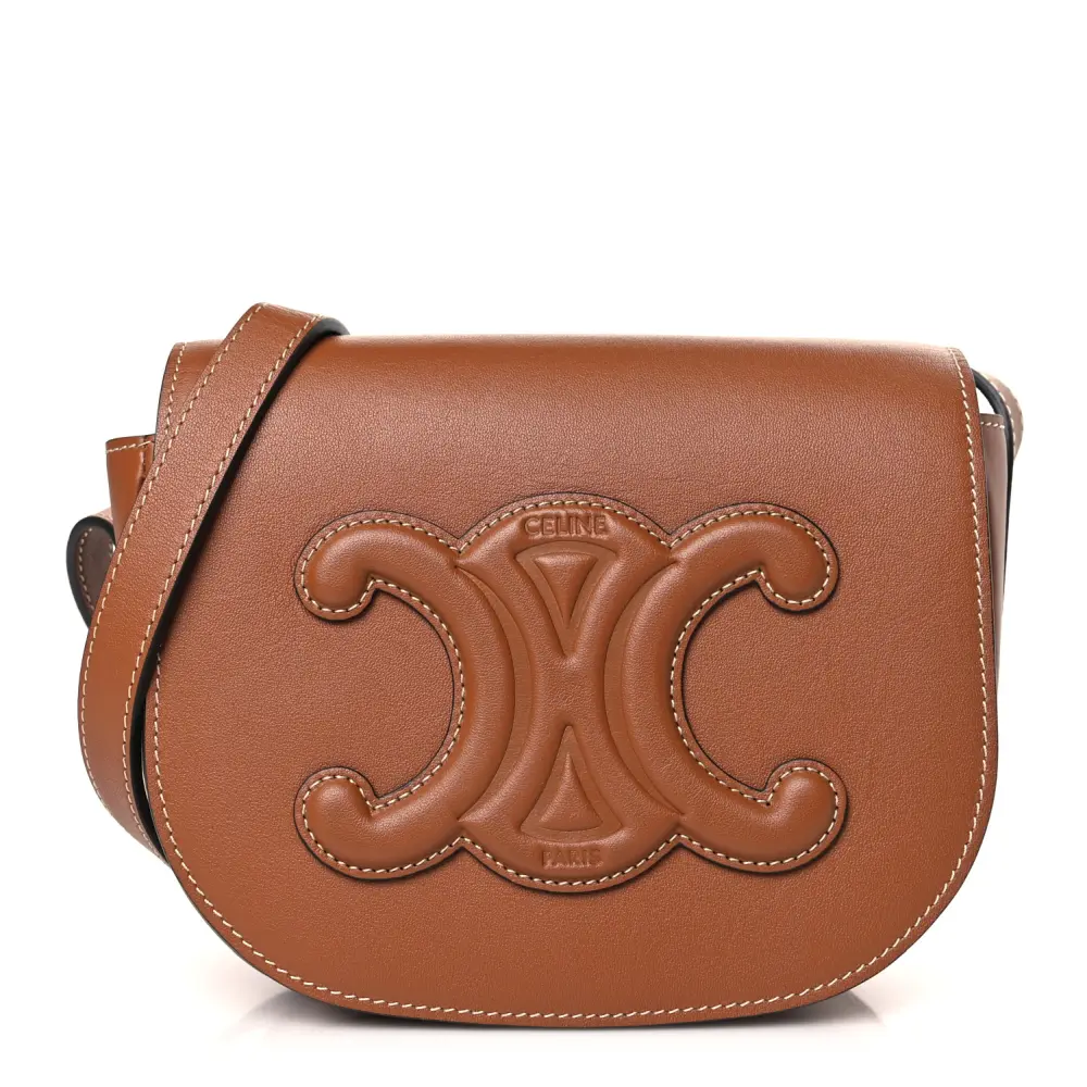 Celine Tan Smooth Calfskin Leather Small Cuir Triomphe Folco Crossbody Bag Front Replica handbags