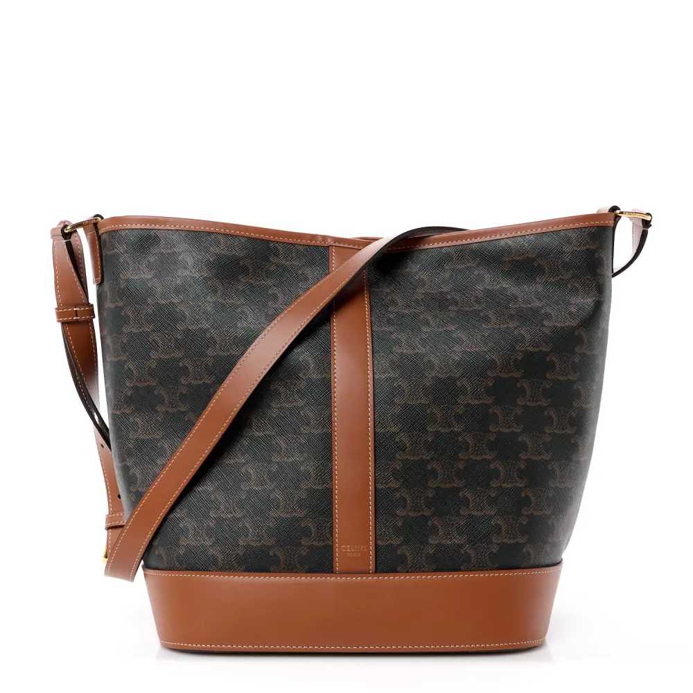 Celine Tan Triomphe Canvas & Calfskin Leather Medium Bucket Bag Front replica handbags