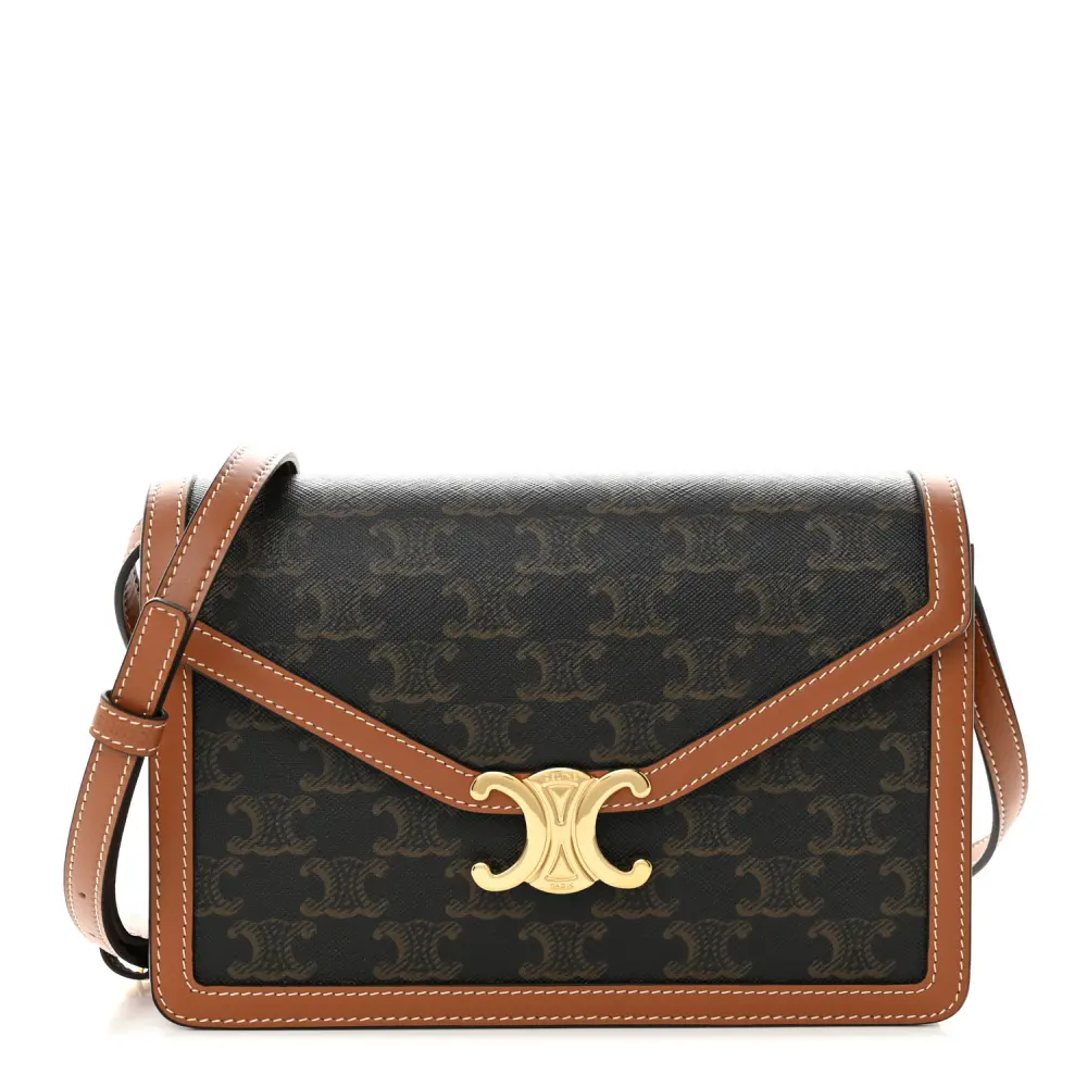 Celine Tan Triomphe Canvas & Calfskin Leather Medium Enveloppe Bag Gold Hardware Front Replica handbags