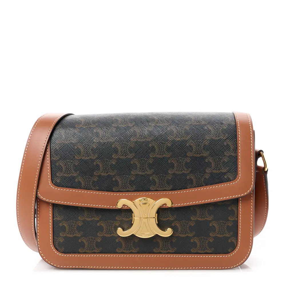 Celine Tan Triomphe Canvas & Calfskin Leather Medium Triomphe Bag Gold Hardware Front Replica handbags