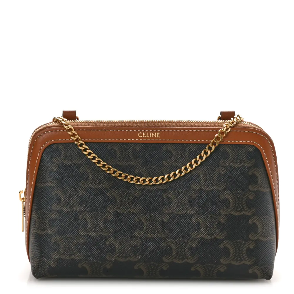 Celine Tan Triomphe Canvas & Calfskin Leather Mini Clutch on Chain Front Replica handbags