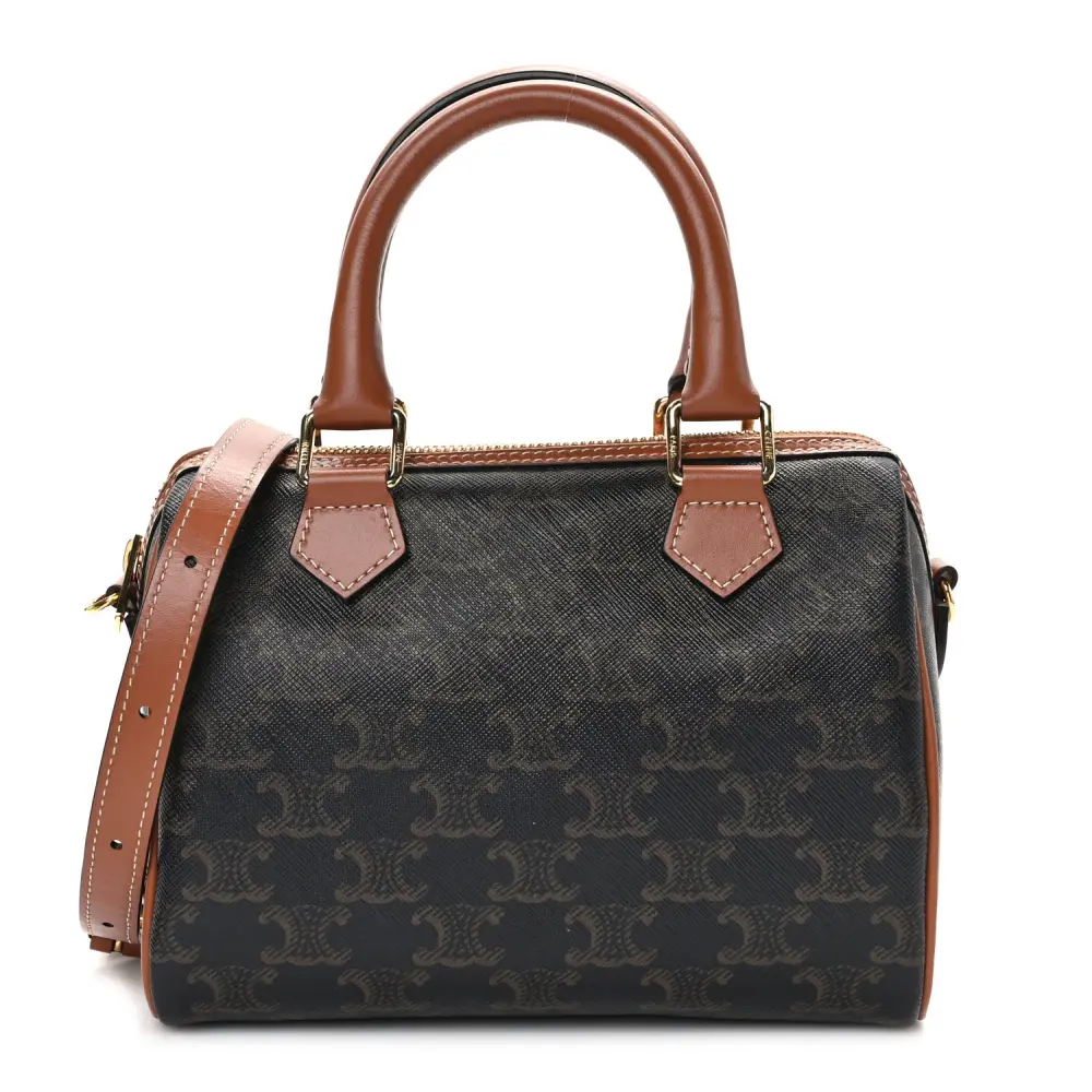Celine Tan Triomphe Canvas & Calfskin Leather Small Boston Bag Gold Hardware Front Replica handbags