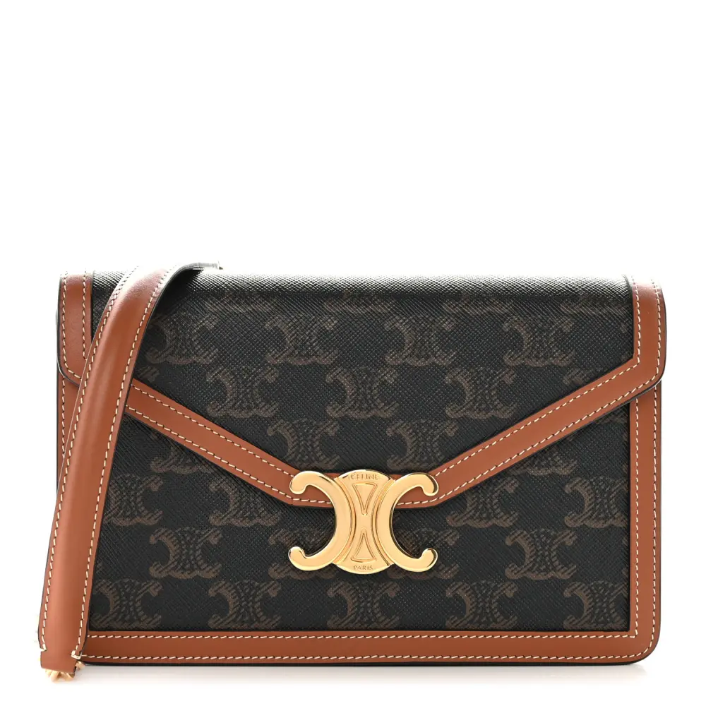 Celine Tan Triomphe Canvas & Calfskin Leather Small Margo Wallet on Chain Gold Hardware Front Replica handbags