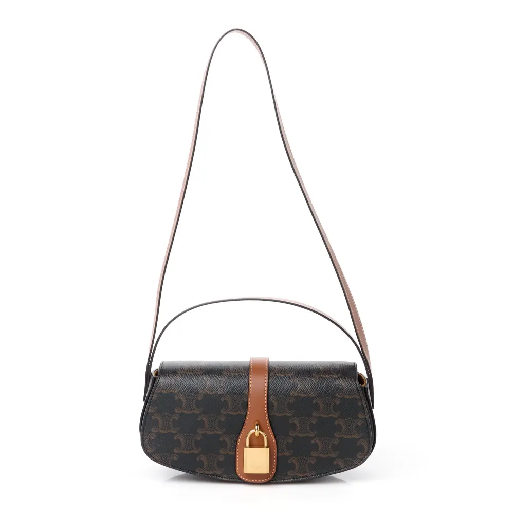 Celine Tan Triomphe Canvas & Calfskin Leather Small Tabou Clutch on Strap Front Replica handbags