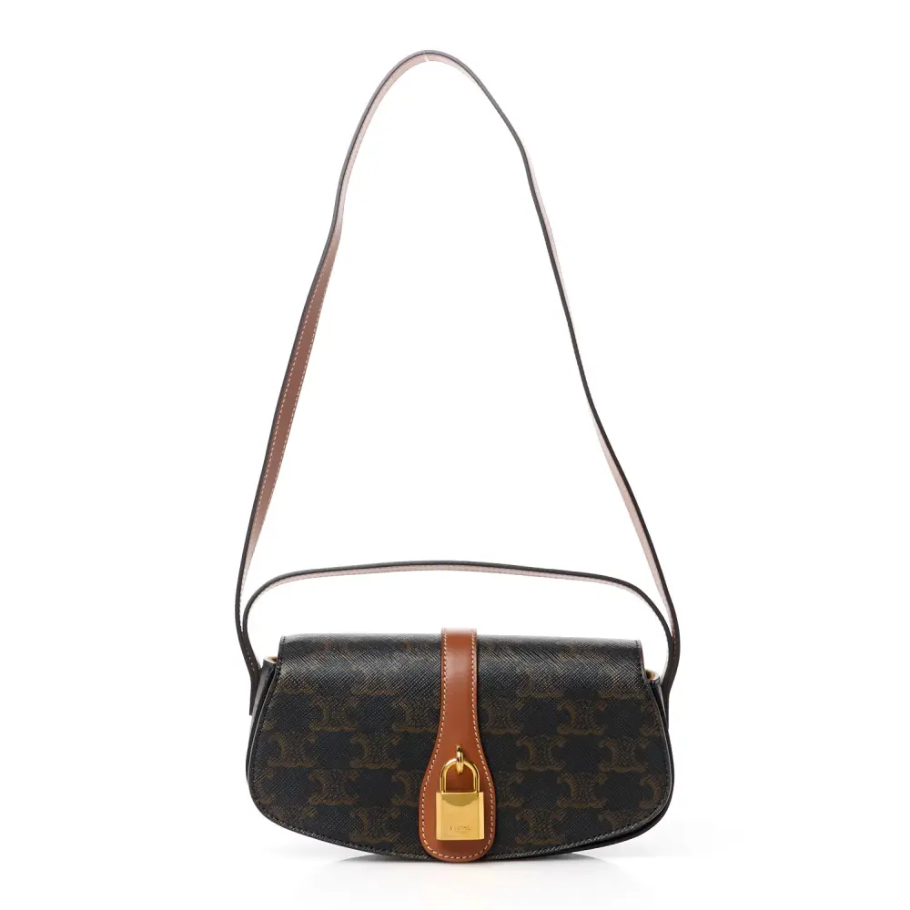 Celine Tan Triomphe Canvas & Calfskin Leather Small Tabou Clutch on Strap Gold Hardware Front Replica handbags