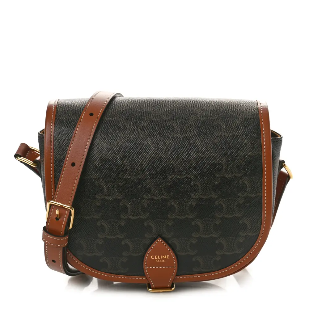 Celine Tan Triomphe Canvas Medium Folco Bag Gold Hardware Front replica handbags