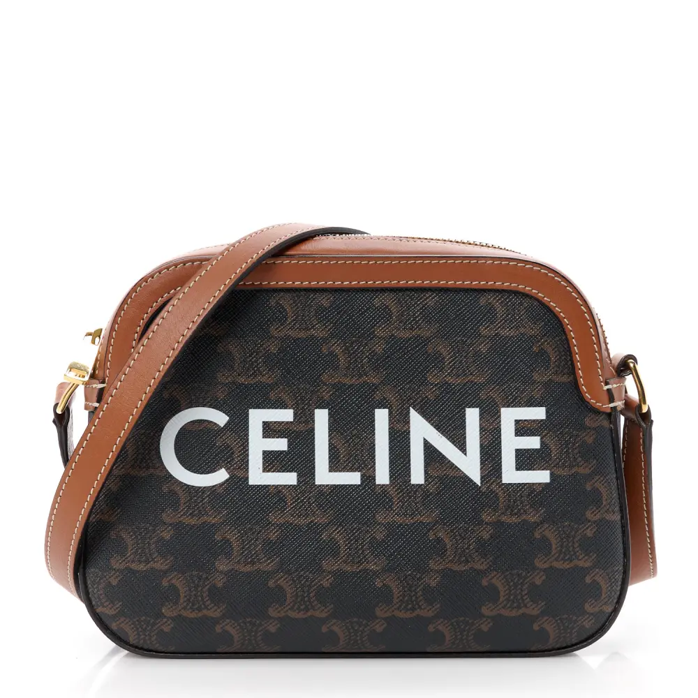 Celine Tan Triomphe Canvas Small Camera Bag Gold Hardware Front replica handbags