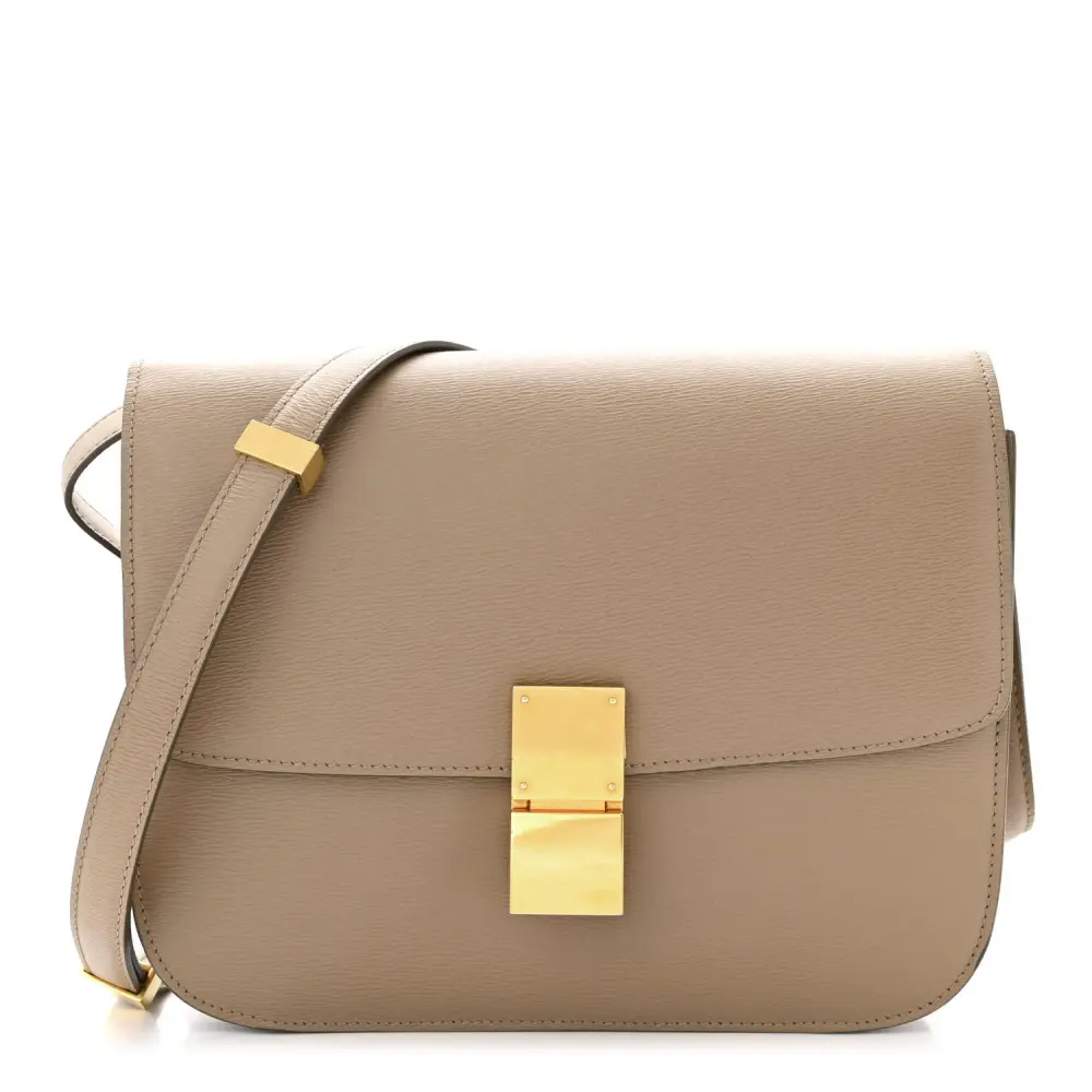 Celine Taupe Liege Calfskin Leather Medium Classic Box Flap Bag Gold Hardware Front replica handbags