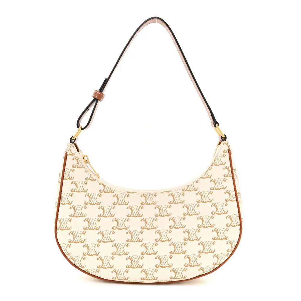 Celine White Canvas & Calfskin Leather Medium Ava Triomphe Shoulder Bag Gold Hardware Front Replica handbags