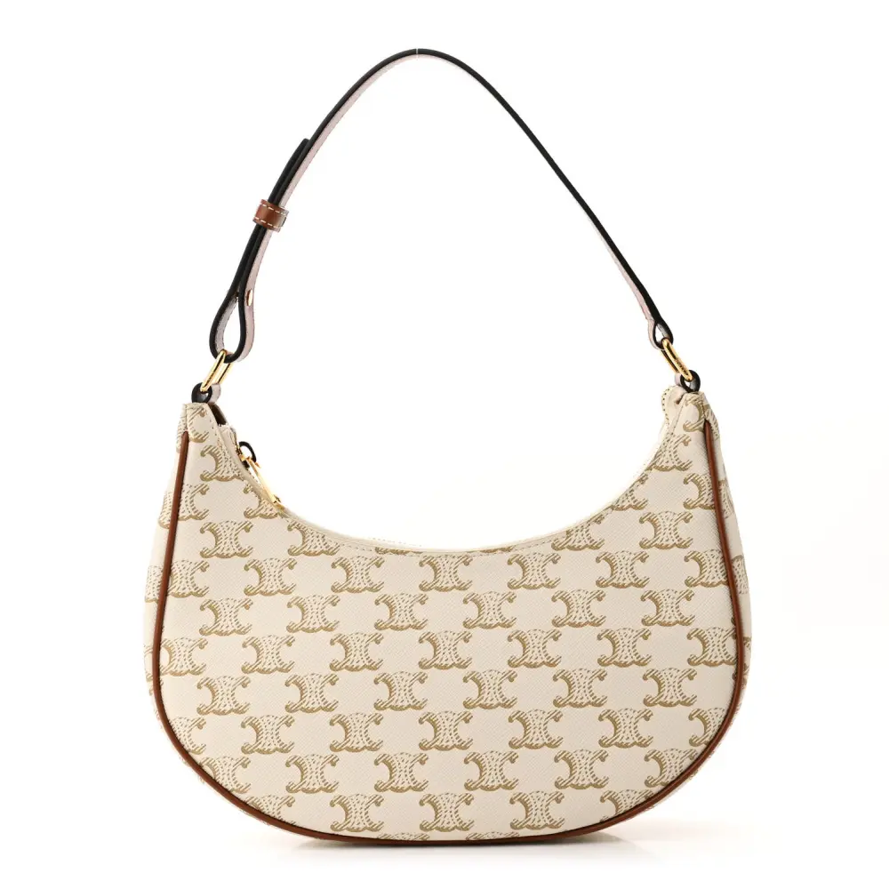 Celine White Canvas & Calfskin Leather Medium Ava Triomphe Shoulder Bag Gold Hardware Front Replica handbags